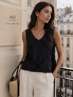 HD in Paris Black Linen Diamond-Detail V-Neck Camisole
